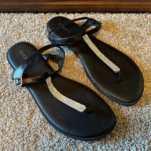 Torrid Rhinestone Black T-Strap Sandals Women's Size 12W - Picture 1 of 11